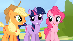 Size: 1274x720 | Tagged: safe, screencap, character:applejack, character:pinkie pie, character:twilight sparkle, character:twilight sparkle (unicorn), species:earth pony, species:pony, species:unicorn, episode:wonderbolts academy, applejack's hat, clothing, cowboy hat, cute, diapinkes, female, happy, hat, looking at each other, mare, open mouth, smiling