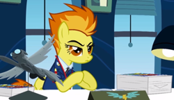 Size: 524x301 | Tagged: safe, screencap, character:spitfire, species:pony, episode:wonderbolts academy, animation error, desk, drill sergeant, female, hooves together, lamp, mare, office, paperwork, raised eyebrow, solo, window