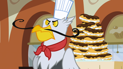Size: 1280x720 | Tagged: safe, screencap, character:gustave le grande, species:griffon, episode:mmmystery on the friendship express, g4, my little pony: friendship is magic, eclair, gustave le grande, unamused