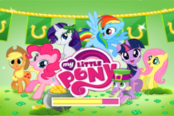 Size: 960x640 | Tagged: safe, gameloft, screencap, character:applejack, character:fluttershy, character:pinkie pie, character:rainbow dash, character:rarity, character:spike, character:twilight sparkle, species:dragon, species:earth pony, species:pegasus, species:pony, species:unicorn, bits, bow, clothing, clover, female, four leaf clover, green, hat, loading screen, male, mane seven, mane six, mare, my little pony logo, pot of gold, saint patrick's day, stock vector