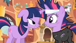 Size: 640x360 | Tagged: safe, screencap, character:twilight sparkle, character:twilight sparkle (unicorn), species:pony, species:unicorn, episode:it's about time, g4, my little pony: friendship is magic, cut, eyepatch, future twilight, golden oaks library, lidded eyes, out of context, scar, self ponidox