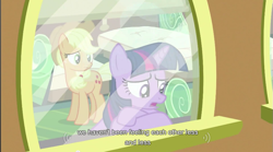 Size: 857x475 | Tagged: safe, screencap, character:applejack, character:twilight sparkle, youtube caption