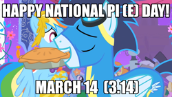 Size: 1280x720 | Tagged: safe, screencap, character:rainbow dash, character:soarin', caption, clothing, dress, gala dress, image macro, mouth hold, pi day, pie, that pony sure does love pies