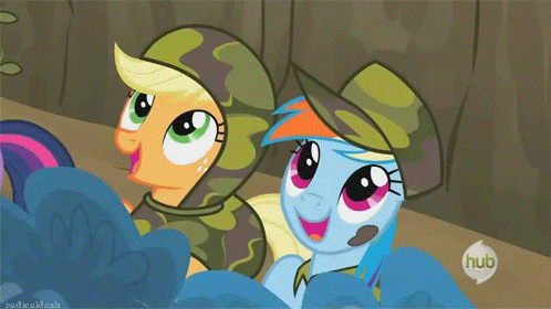 Size: 498x280 | Tagged: safe, screencap, character:applejack, character:rainbow dash, episode:dragon quest, g4, my little pony: friendship is magic, animated, bedroom eyes, biting, camouflage, hub logo, out of context, tongue bite