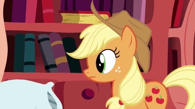 Size: 640x360 | Tagged: safe, screencap, character:applejack, episode:look before you sleep, g4, my little pony: friendship is magic, animated, head shake, offscreen character, pillow, pillow fight, solo
