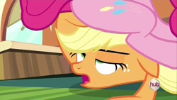 Size: 960x540 | Tagged: safe, screencap, character:applejack, character:pinkie pie, species:pony, episode:games ponies play, g4, my little pony: friendship is magic, asshat, butt touch, facesitting, facesitting on applejack, faec, female, hoof on butt, lidded eyes, mare, out of context, plot, train, window