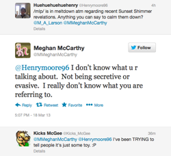 Size: 532x486 | Tagged: safe, screencap, character:sunset shimmer, lies, meghan mccarthy, text, twitter