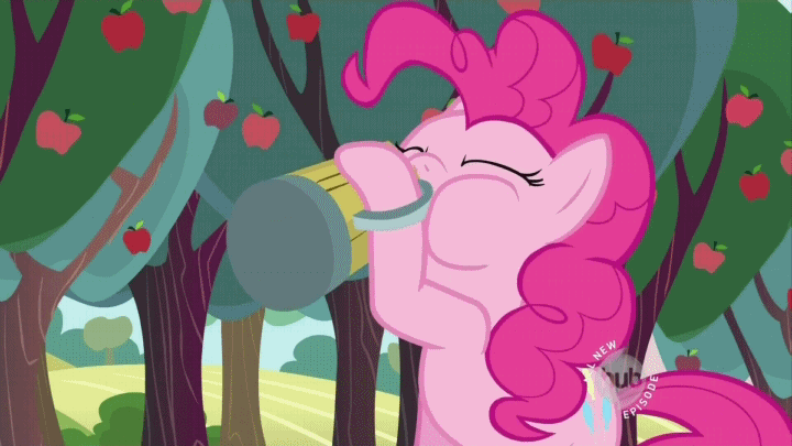Size: 720x405 | Tagged: safe, screencap, character:pinkie pie, episode:the super speedy cider squeezy 6000, g4, my little pony: friendship is magic, animated, apple, apple tree, cider, drink, drinking, hub logo, mug, solo, tongue out, tree