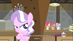 Size: 1366x768 | Tagged: safe, screencap, character:apple bloom, character:diamond tiara, character:scootaloo, character:sweetie belle, species:pegasus, species:pony, cutie mark crusaders, youtube caption, youtube link