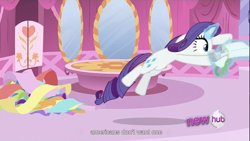 Size: 1366x768 | Tagged: safe, screencap, character:rarity, episode:ponyville confidential, g4, my little pony: friendship is magic, all new, carousel boutique, meme, solo, text, youtube caption, youtube link