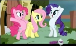 Size: 473x285 | Tagged: safe, screencap, character:fluttershy, character:pinkie pie, character:rarity, episode:putting your hoof down, g4, my little pony: friendship is magic, hub logo