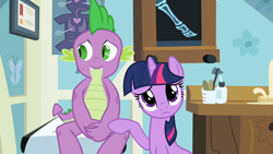 Size: 1280x720 | Tagged: safe, screencap, character:spike, character:twilight sparkle, species:dragon, species:pony, species:unicorn, episode:secret of my excess, g4, my little pony: friendship is magic, anatomy chart, chart, doctor's office, female, heart (organ), male, mare, organs