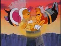 Size: 640x480 | Tagged: safe, screencap, episode:the end of flutter valley, g1, my little pony 'n friends, bee, duo, eyepatch, flutter valley, insect, queen bumble, sting (g1), sunset, sunstone (g1 artifact), tug of war