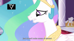 Size: 851x474 | Tagged: safe, screencap, character:princess celestia, episode:the crystal empire, g4, my little pony: friendship is magic, alcohol, frown, gritted teeth, meme, solo, worried, youtube caption