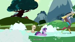 Size: 852x473 | Tagged: safe, screencap, character:applejack, character:discord, character:twilight sparkle, bill clinton, youtube caption
