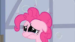 Size: 1366x768 | Tagged: safe, screencap, character:pinkie pie, episode:baby cakes, g4, my little pony: friendship is magic, about to cry, big eyes, crying, dilated pupils, floppy ears, heartbreak, hub logo, sad, solo, teary eyes, wavy mouth