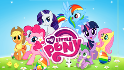 Size: 1136x640 | Tagged: safe, gameloft, screencap, character:angel bunny, character:applejack, character:fluttershy, character:pinkie pie, character:rainbow dash, character:rarity, character:spike, character:twilight sparkle, easter, easter egg, egg, flower, grass, loading screen, mane seven, mane six, my little pony logo, stock vector