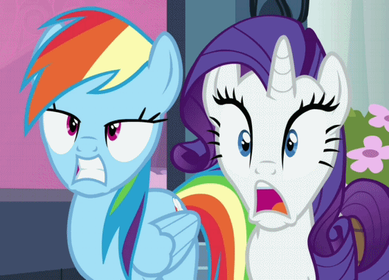 Size: 562x405 | Tagged: safe, screencap, character:rainbow dash, character:rarity, episode:a canterlot wedding, g4, my little pony: friendship is magic, animated, cropped, duo, looking at each other, reaction image, shocked