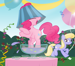 Size: 3371x3000 | Tagged: safe, artist:kas92, screencap, character:cloud kicker, character:pinkie pie, species:earth pony, species:pony, episode:ponyville confidential, g4, my little pony: friendship is magic, animation error, clothing, duo, eyes closed, female, hat, high res, lampshade, lampshade hat, mare, punch (drink), punch bowl, solo focus, vector