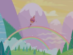 Size: 640x480 | Tagged: safe, screencap, character:starsong, episode:twinkle wish adventure, g3, g3.5, balloon, double rainbow, hot air balloon, mountain, rainbow, scenery, somewhere super new, waterfall