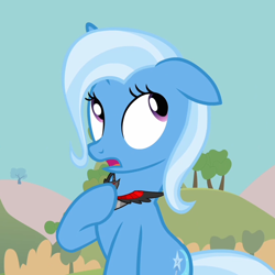 Size: 720x720 | Tagged: safe, screencap, character:trixie, species:pony, species:unicorn, episode:magic duel, g4, my little pony: friendship is magic, alicorn amulet, female, mare, open mouth, raised hoof, sky, solo, tree