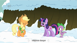 Size: 853x474 | Tagged: safe, screencap, character:applejack, character:spike, character:twilight sparkle, species:dragon, species:earth pony, species:pony, species:unicorn, episode:winter wrap up, g4, my little pony: friendship is magic, female, male, mare, religion, snow, winter wrap up vest, youtube caption