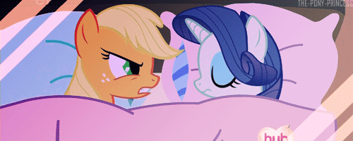Size: 500x200 | Tagged: safe, screencap, character:applejack, character:rarity, episode:look before you sleep, g4, my little pony: friendship is magic, animated, bed, duo, ei, hooves, hub logo