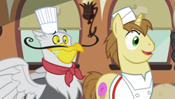 Size: 1152x648 | Tagged: safe, screencap, character:donut joe, character:gustave le grande, species:griffon, species:pony, species:unicorn, episode:mmmystery on the friendship express, g4, my little pony: friendship is magic, clothing, drool, duo focus, gustave le grande, male, mulia mild, reaction image, shirt, stallion, toque