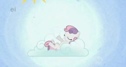 Size: 626x336 | Tagged: safe, screencap, character:sweetie belle, episode:stare master, g4, my little pony: friendship is magic, animation error, cloud, ei, hub logo, hush now quiet now, solo