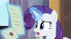 Size: 1279x705 | Tagged: safe, screencap, character:rarity, episode:sweet and elite, g4, my little pony: friendship is magic, cucumber, solo, youtube caption