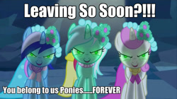 Size: 1280x717 | Tagged: safe, screencap, character:lyra heartstrings, character:minuette, character:twinkleshine, species:pony, species:unicorn, episode:a canterlot wedding, g4, my little pony: friendship is magic, background pony, bridesmaid dress, caption, clothing, crystal caverns, dress, female, forever, image macro, impact font, join the herd, mare, mind control, random, welcome to the herd