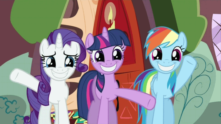 Size: 720x405 | Tagged: safe, screencap, character:rainbow dash, character:rarity, character:twilight sparkle, episode:dragon quest, g4, my little pony: friendship is magic, animated, faec, forced smile, smile and wave, smiling, trio, waving