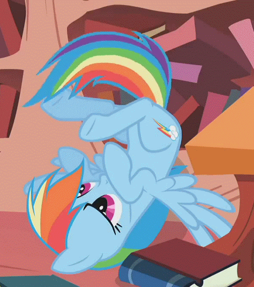 Size: 509x576 | Tagged: safe, screencap, character:rainbow dash, species:pegasus, species:pony, episode:dragonshy, g4, my little pony: friendship is magic, animated, annoyed, blinking, book, cute, female, frown, gif, glare, golden oaks library, horses doing horse things, legs in air, library, mare, on back, rainbow crash, solo, spread wings, tail, tail flick, unamused, underhoof, upside down, wings
