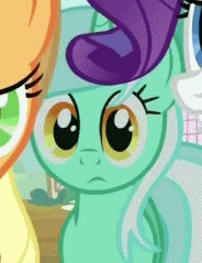 Size: 184x239 | Tagged: safe, screencap, character:applejack, character:lyra heartstrings, character:rarity, species:earth pony, species:pony, species:unicorn, episode:it's about time, g4, my little pony: friendship is magic, :<, animated, blinking, cute, female, frown, lyrabetes, mare, solo focus, wide eyes