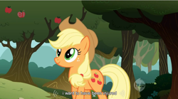 Size: 850x474 | Tagged: safe, screencap, character:applejack, solo, youtube caption