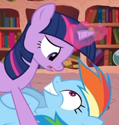 Size: 719x759 | Tagged: safe, screencap, character:rainbow dash, character:twilight sparkle, ship:twidash, double rainboom, eyes on the prize, female, grin, hornboner, lesbian, on back, on top, open mouth, out of context, shipping, smiling, wide eyes