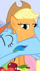 Size: 210x373 | Tagged: safe, screencap, character:applejack, character:fluttershy, character:rainbow dash, episode:wonderbolts academy, apple, armpits, cropped, food, lidded eyes