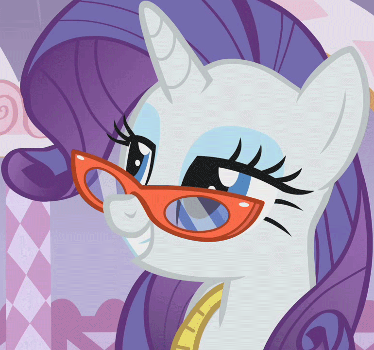 Size: 770x720 | Tagged: safe, screencap, character:rarity, episode:suited for success, g4, my little pony: friendship is magic, animated, blinking, bust, cropped, glasses, lidded eyes, loop, measuring tape, rarity's glasses, smiling, solo