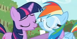 Size: 551x281 | Tagged: safe, screencap, character:rainbow dash, character:twilight sparkle, episode:lesson zero, g4, my little pony: friendship is magic, hub logo, imminent kissing, out of context