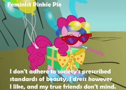 Size: 480x343 | Tagged: dead source, safe, screencap, character:pinkie pie, episode:dragonshy, g4, my little pony: friendship is magic, balloon, costume, feminism, feministmylittlepony, meta, text, tumblr