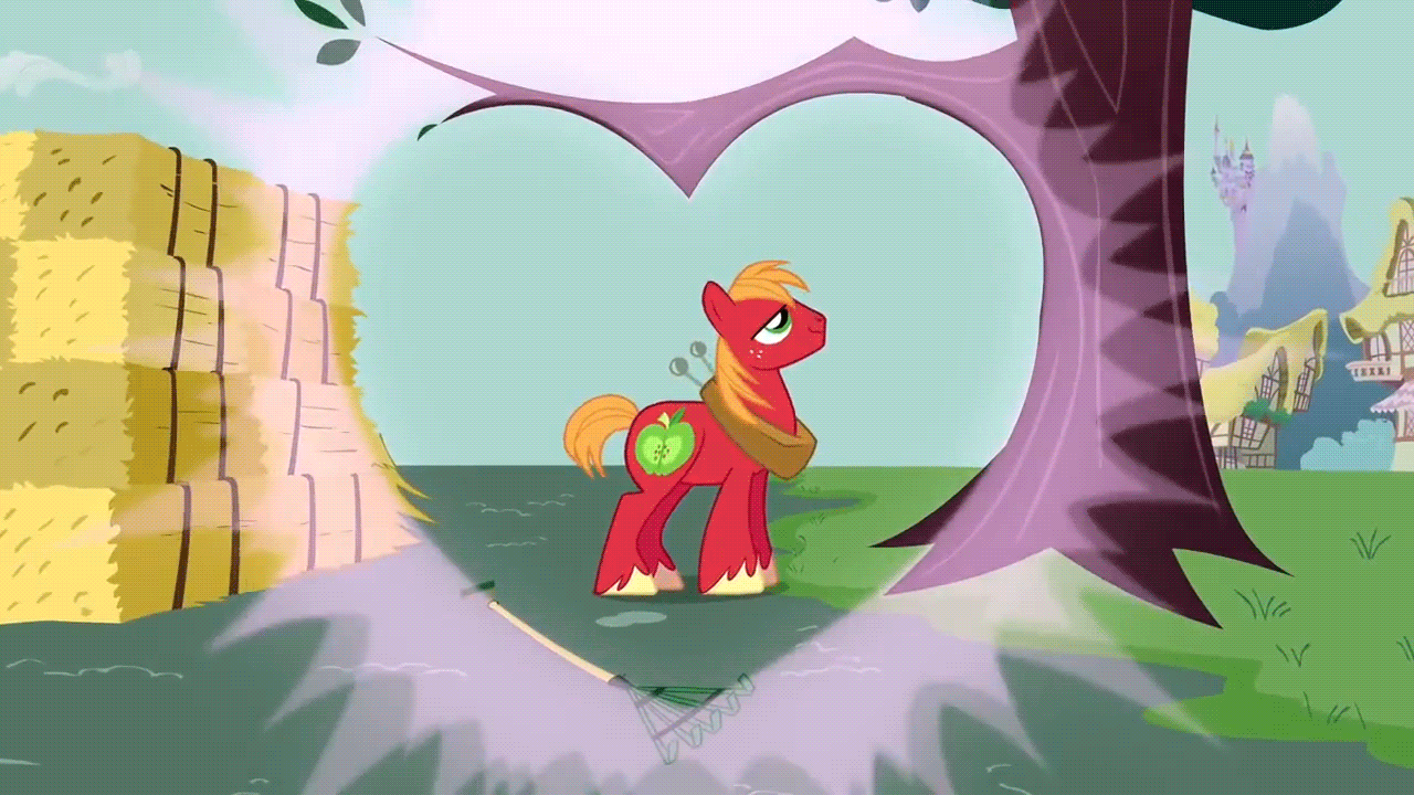 Size: 1280x720 | Tagged: safe, screencap, character:big mcintosh, species:earth pony, species:pony, episode:hearts and hooves day, g4, my little pony: friendship is magic, animated, heart, loop, male, rake, solo, stallion