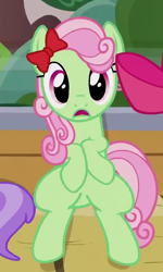 Size: 480x798 | Tagged: safe, screencap, character:alula, character:apple bloom, character:florina tart, character:pluto, species:earth pony, species:pony, episode:apple family reunion, g4, my little pony: friendship is magic, apple family member, background pony, bow, cropped, female, hair bow, mare, sitting up, solo focus