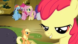 Size: 1280x720 | Tagged: safe, screencap, character:apple bloom, character:applejack, character:fluttershy, character:pinkie pie, character:rainbow dash, character:rarity, appletini, flutterguy, hairity, micro, out of context, rainbow crash, spitty pie