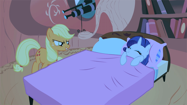 Size: 640x360 | Tagged: safe, screencap, character:applejack, character:rarity, episode:look before you sleep, g4, my little pony: friendship is magic, animated, bed, duo, jumping, pillow