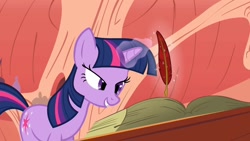 Size: 1280x720 | Tagged: safe, screencap, character:twilight sparkle, character:twilight sparkle (unicorn), species:pony, species:unicorn, episode:look before you sleep, g4, my little pony: friendship is magic, evil grin, fanfic, grin, happy, lidded eyes, magic, out of context, pure unfiltered evil, quill, smiling, smirk, solo, telekinesis, twilight loves fanfiction, writing