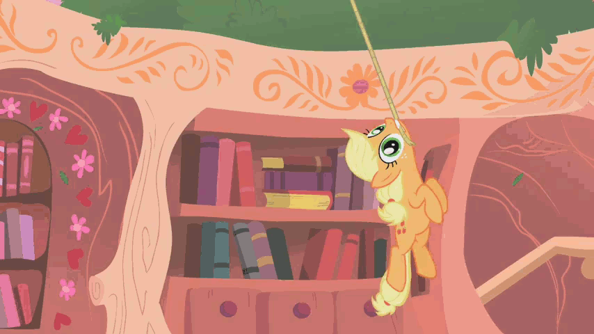 Size: 854x480 | Tagged: safe, screencap, character:applejack, species:pony, episode:look before you sleep, g4, my little pony: friendship is magic, animated, hanging, mouth hold, rope, silly, silly pony, solo, suspended, swinging, swingjack, tree