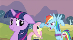 Size: 854x473 | Tagged: safe, screencap, character:fluttershy, character:rainbow dash, character:twilight sparkle, episode:hurricane fluttershy, g4, my little pony: friendship is magic, hub logo, lactation, youtube caption