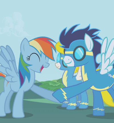 Size: 400x430 | Tagged: safe, screencap, character:rainbow dash, character:soarin', character:surprise, episode:the ticket master, g4, my little pony: friendship is magic, animated, cute, dashabetes, eyes closed, happy, hoofshake, open mouth, smiling, spread wings, wings, wonderbolts, wonderbolts uniform