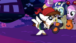 Size: 1280x720 | Tagged: safe, screencap, character:alula, character:noi, character:pipsqueak, character:piña colada, character:pluto, species:earth pony, species:pony, episode:luna eclipsed, g4, my little pony: friendship is magic, bag, bandana, colt, costume, male, nightmare night, pirate, piña cutelada, pluto, sword, trick or treat