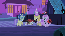 Size: 1280x720 | Tagged: safe, screencap, character:alula, character:noi, character:pipsqueak, character:piña colada, character:pluto, species:earth pony, species:pony, episode:luna eclipsed, g4, my little pony: friendship is magic, clothing, colt, costume, male, nightmare night, nightmare night costume, pluto